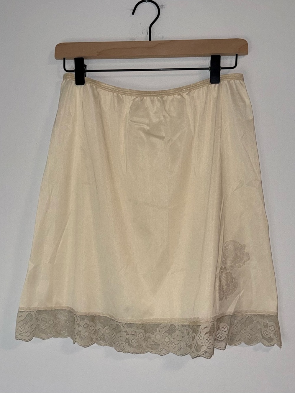 VTG 70s Gaymode Nylon Antron III Lace Mini Slip Skirt Cream Beige Sz L
